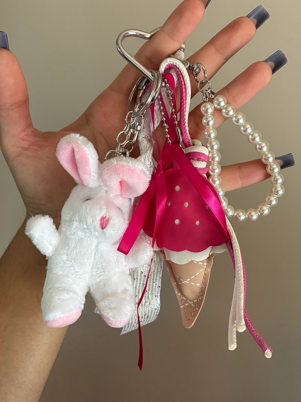 Pink Plush Bunny & Ice Cream Keychain Bag Charm